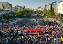 An aerial photograph of a Pride parade in Buenos Aires