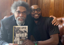 A photograph of Dr. Cornel West with interviewer Karlos K. Hill