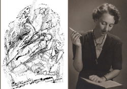 A drawing by Lea Goldberg juxtaposed with a photo with author