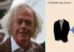Author Dag Solstad juxtaposed with the cover to his book 'T Singer'