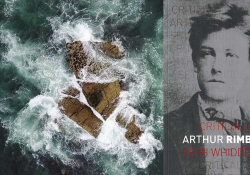 A rock being whipped by ocean waves from above with the cover to the Rimbaud biography inset on the right side of the image
