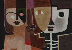 A painting of three human figures overlapping atop one another