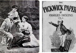 Dickens reading to his daughters. Right: Pickwick Papers cover