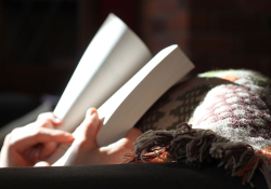 An open book in partial sunlight being held by a person with a blanket.
