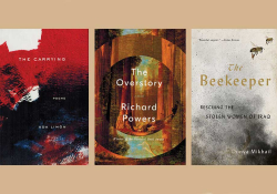 The covers to The Carrying, The Overstory, and The Beekeeper juxtaposed in a tryptich