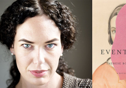 A photo of Therese Bohman juxtaposed with the cover to her book, Eventide