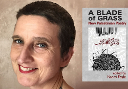 A photo of Naomi Foyle juxtaposed with the cover to A Blade of Grass