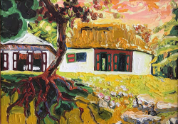 An oil painting of a house surrounded by woodlands. The paint is very heavily layer, creating texture at the surface.