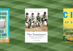 The cover to three books from list below with the texture of baseball field in the background