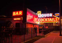 A desultory looking bar, decked with neon signs, presumably in Las Vegas