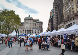 The vendor booths line up in downtown Brooklyn, right in  front of Brooklyn Borough Hall.