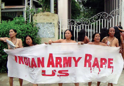 A group of women stripped naked in broad daylight to protest against the brutality of the Assam Rifles army contingent (July 2004).