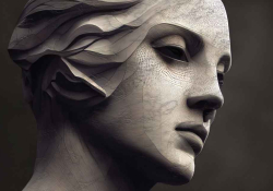 A digital illustration of a woman's head cast in stone
