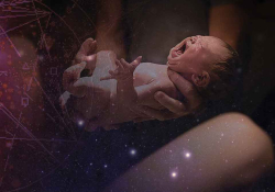 A collage image of a pair of arms holding a crying baby with the night sky full of stars superimposed on it
