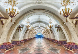 Interior of Arbatskaya subway station in Moscow, Russia
