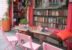 A bookshop with chairs and a table outside