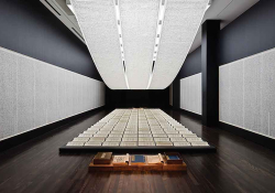 A photograph of an art installation. A long table sits beneath a long, curved light. The table is covered with carefully arranged parchment with writing on them.