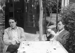 Ghassan Zaqtan (left) and Mahmoud Darwish in a 2007 photo taken by Palestinian poet Bashir Shalash.